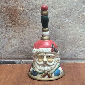 Vintage Santa Claus Handheld Bell Wood Handle Bisque Ceramic Christmas Decor